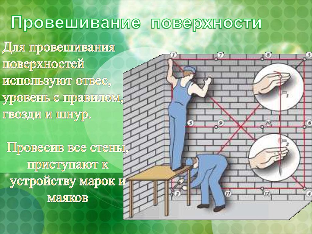 Устройство поверхности. Провешивание поверхности стен под оштукатуривание. Провешивание поверхности под оштукатуривание инструменты. Устройство марок и маяков под оштукатуривание. Провешивание вертикальных поверхностей.