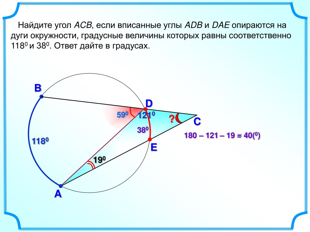 Угол acd ответ дайте в градусах. Вписанный угол ACB. Дуга и угол. Нахождение угла по дуге. Найти угол дуги.